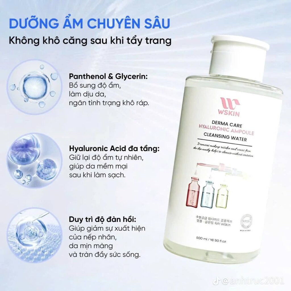 Nước tẩy trang chăm sóc da liễu Wskin Hyaluronic Ampoule Cleansing Water 500ml